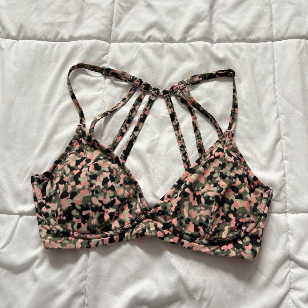 Womens Size 34D Pink Black Polka Dot Camo Swimsuit Bikini Top Wired Racerback‎